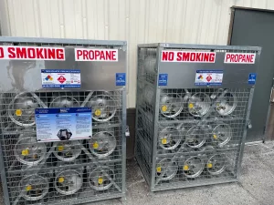 A photo of a pair of outdoor propane storage lockers.