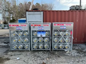 Outdoor propane storage lockers.