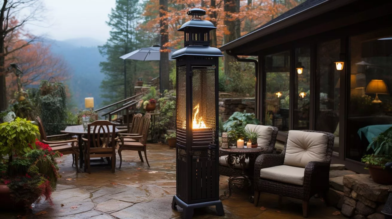 A photograph of an outdoor propane patio heater