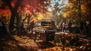 A small crowd having a barbecue at a local park