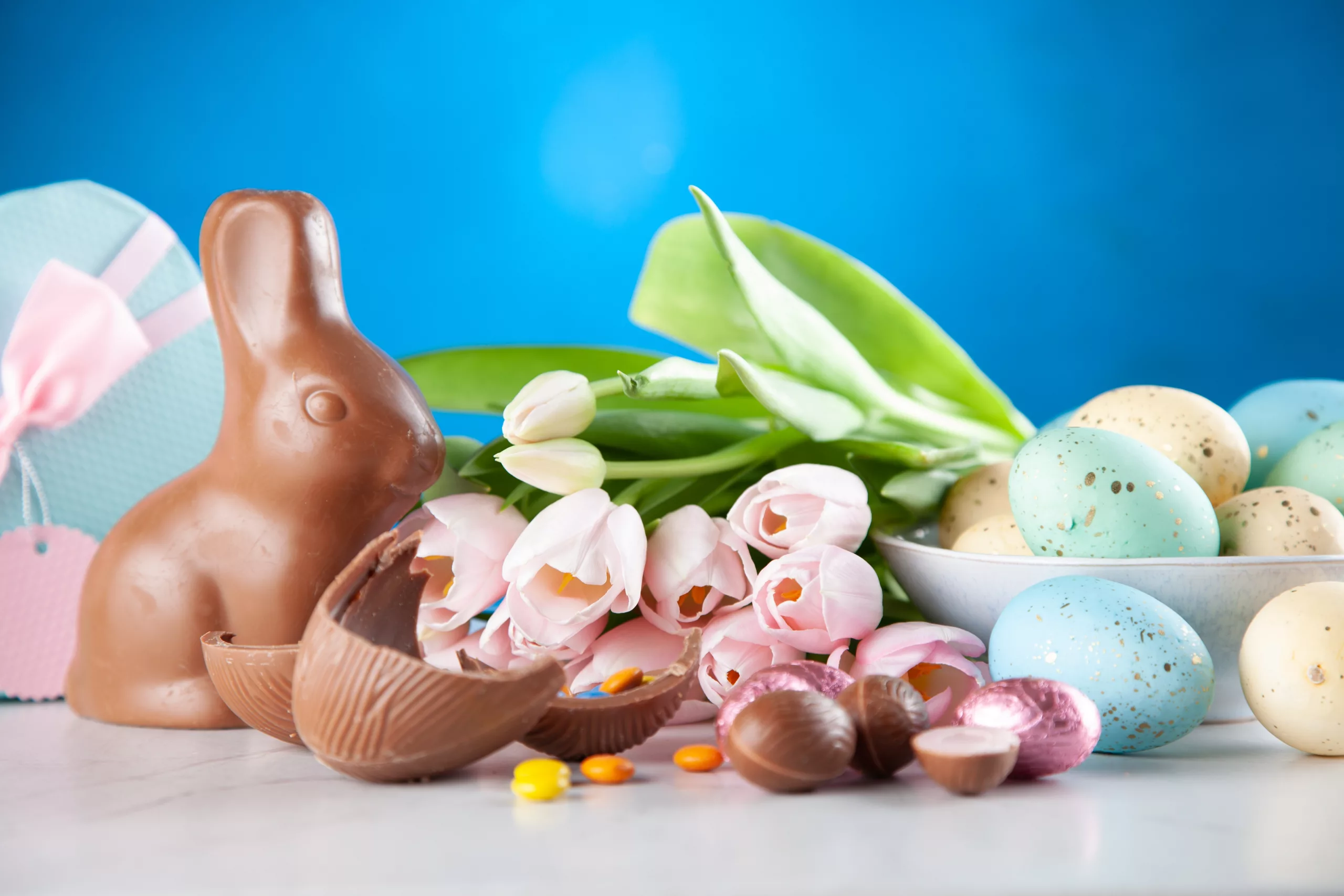 Picture of chocolate Easter bunny and candy eggs.