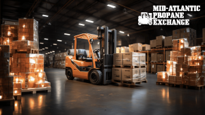 propane powered forklift hauling goods