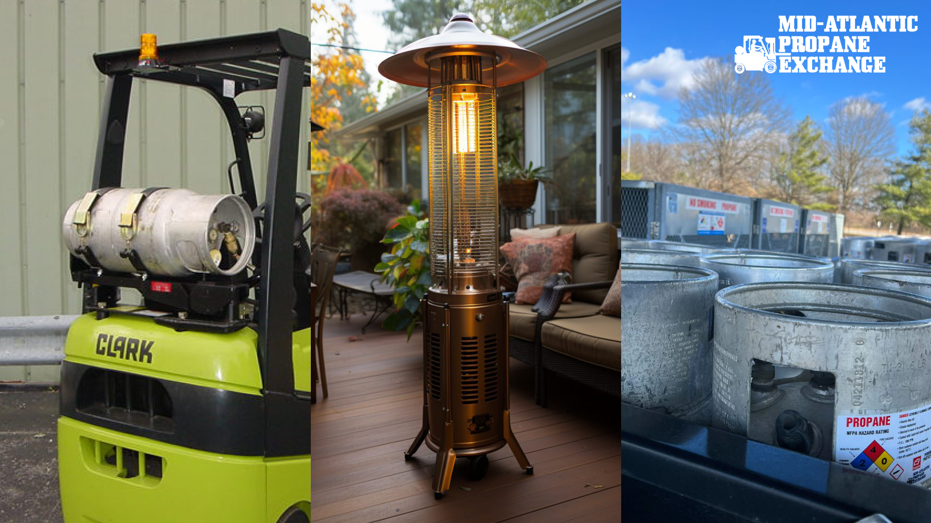 propane powered forklift / patio heater, and stack of propane
